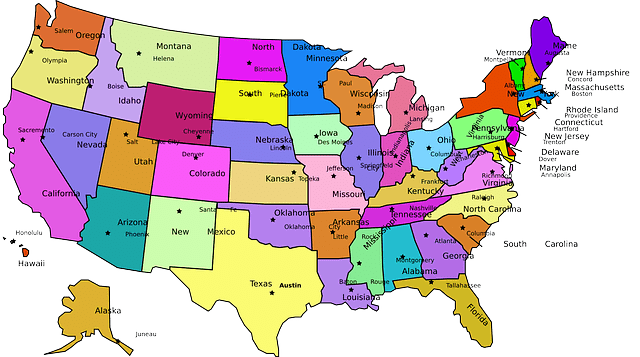 Bild som visar USA:s alla 50 delstater.